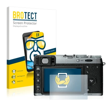 Face avant d’un emballage produit avec le logo de la marque BROTECT. À côté, l’appareil Fujifilm X100T est représenté avec la 