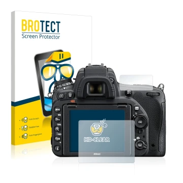 Face avant d’un emballage produit avec le logo de la marque BROTECT. À côté, l’appareil Nikon D750 est représenté avec la prot