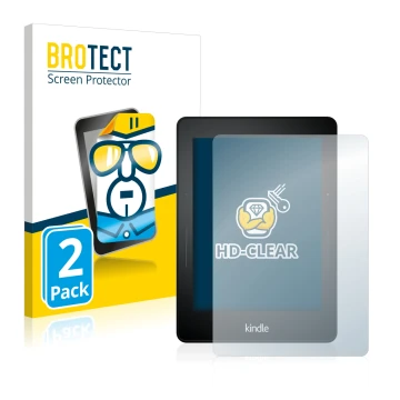 Face avant d’un emballage produit avec le logo de la marque BROTECT. À côté, l’appareil Amazon Kindle Voyage est représenté av