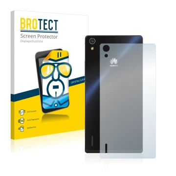 Face avant d’un emballage produit avec le logo de la marque BROTECT. À côté, l’appareil Huawei Ascend P7 (Arrière) est représe
