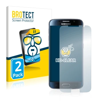 Face avant d’un emballage produit avec le logo de la marque BROTECT. À côté, l’appareil Samsung Galaxy S6 est représenté avec 