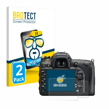 Face avant d’un emballage produit avec le logo de la marque BROTECT. À côté, l’appareil Nikon D7200 est représenté avec la pro