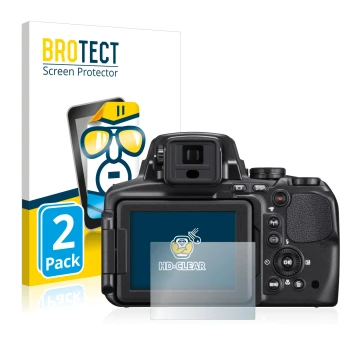 Face avant d’un emballage produit avec le logo de la marque BROTECT. À côté, l’appareil Nikon Coolpix P900 est représenté avec