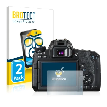 Face avant d’un emballage produit avec le logo de la marque BROTECT. À côté, l’appareil Canon EOS 760D est représenté avec la 