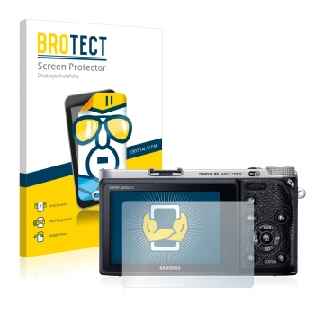 Face avant d’un emballage produit avec le logo de la marque BROTECT. À côté, l’appareil Samsung NX500 est représenté avec la p