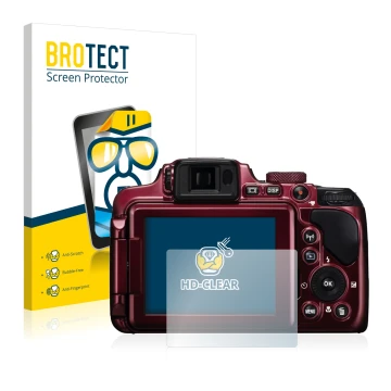 Face avant d’un emballage produit avec le logo de la marque BROTECT. À côté, l’appareil Nikon Coolpix P610 est représenté avec