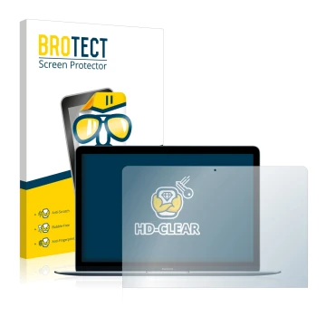 Face avant d’un emballage produit avec le logo de la marque BROTECT. À côté, l’appareil Apple MacBook 12