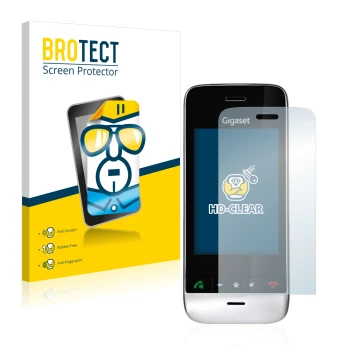 Face avant d’un emballage produit avec le logo de la marque BROTECT. À côté, l’appareil Gigaset SL910 (découpe allongée) est r