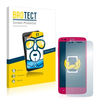 Face avant d’un emballage produit avec le logo de la marque BROTECT. À côté, l’appareil BLU Star 4.5 Design Edition est représ