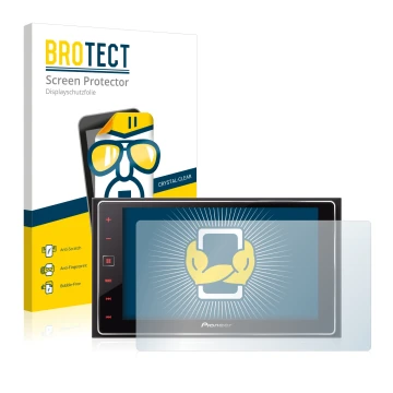 Face avant d’un emballage produit avec le logo de la marque BROTECT. À côté, l’appareil Pioneer SPH-DA120 est représenté avec 