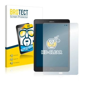 Face avant d’un emballage produit avec le logo de la marque BROTECT. À côté, l’appareil Samsung Galaxy Tab A 9.7 est représent