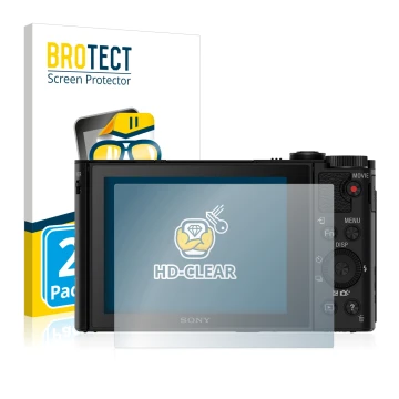 Face avant d’un emballage produit avec le logo de la marque BROTECT. À côté, l’appareil Sony Cyber-Shot DSC-HX90V est représen