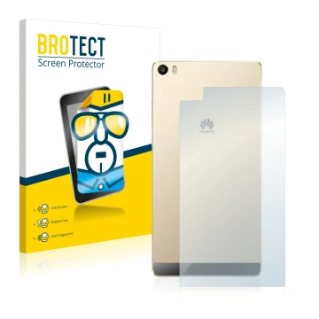 Face avant d’un emballage produit avec le logo de la marque BROTECT. À côté, l’appareil Huawei P8 Max (Arrière) est représenté