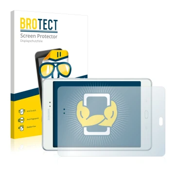 Face avant d’un emballage produit avec le logo de la marque BROTECT. À côté, l’appareil Samsung Galaxy Tab A 8.0 est représent