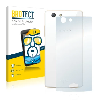 Face avant d’un emballage produit avec le logo de la marque BROTECT. À côté, l’appareil Oppo A31 2015 (Dos) est représenté ave