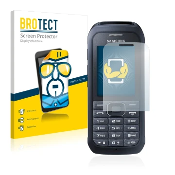 Face avant d’un emballage produit avec le logo de la marque BROTECT. À côté, l’appareil Samsung Xcover 550 est représenté avec