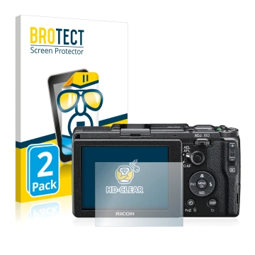 Face avant d’un emballage produit avec le logo de la marque BROTECT. À côté, l’appareil Ricoh GR II 2015 est représenté avec l