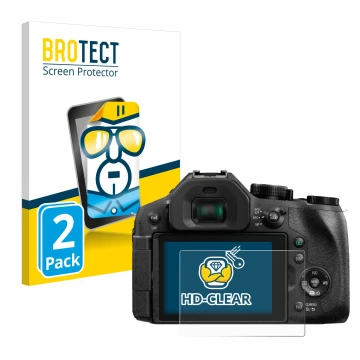 Face avant d’un emballage produit avec le logo de la marque BROTECT. À côté, l’appareil Panasonic Lumix DMC-FZ300 est représen