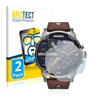 Face avant d’un emballage produit avec le logo de la marque BROTECT. À côté, l’appareil Diesel DZ7314 Mr. Daddy est représenté