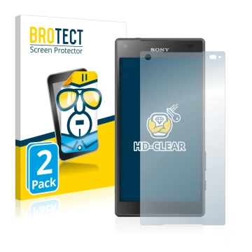 Face avant d’un emballage produit avec le logo de la marque BROTECT. À côté, l’appareil Sony Xperia Z5 Compact est représenté 