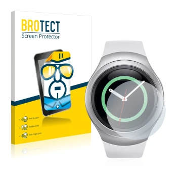 Face avant d’un emballage produit avec le logo de la marque BROTECT. À côté, l’appareil Samsung Gear S2 est représenté avec la