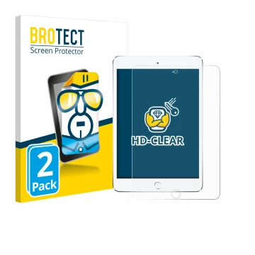 Face avant d’un emballage produit avec le logo de la marque BROTECT. À côté, l’appareil Apple iPad Mini 4 2015 est représenté 