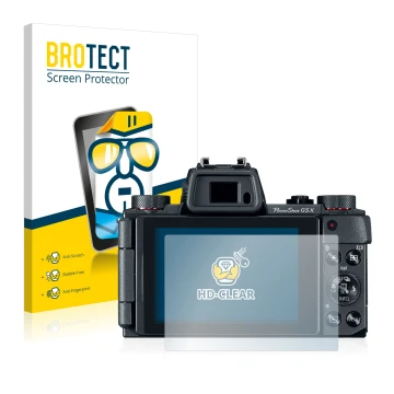 Face avant d’un emballage produit avec le logo de la marque BROTECT. À côté, l’appareil Canon PowerShot G5 X est représenté av