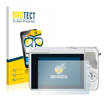 Face avant d’un emballage produit avec le logo de la marque BROTECT. À côté, l’appareil Canon EOS M10 est représenté avec la p