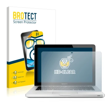 Face avant d’un emballage produit avec le logo de la marque BROTECT. À côté, l’appareil Apple MacBook Pro 13