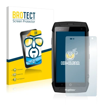 Face avant d’un emballage produit avec le logo de la marque BROTECT. À côté, l’appareil RugGear RG730 est représenté avec la p