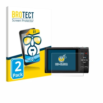 Face avant d’un emballage produit avec le logo de la marque BROTECT. À côté, l’appareil Canon Digital Ixus 285 hs est représen