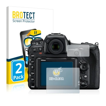Face avant d’un emballage produit avec le logo de la marque BROTECT. À côté, l’appareil Nikon D500 est représenté avec la prot