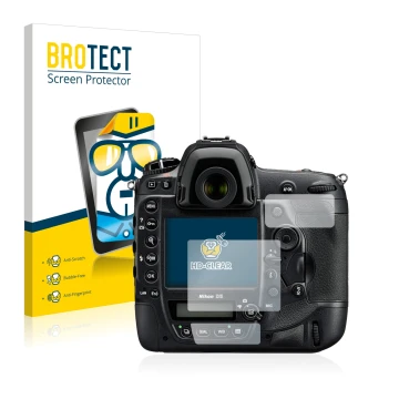 Face avant d’un emballage produit avec le logo de la marque BROTECT. À côté, l’appareil Nikon D5 est représenté avec la protec