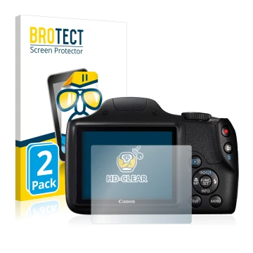 Face avant d’un emballage produit avec le logo de la marque BROTECT. À côté, l’appareil Canon PowerShot SX540 HS est représent