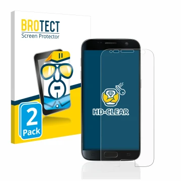 Face avant d’un emballage produit avec le logo de la marque BROTECT. À côté, l’appareil Samsung Galaxy S7 est représenté avec 