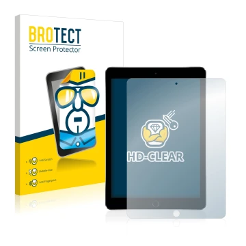 Face avant d’un emballage produit avec le logo de la marque BROTECT. À côté, l’appareil Apple iPad Pro 9.7