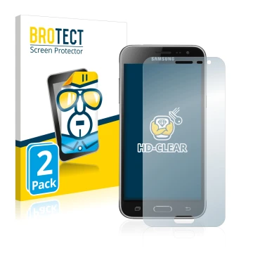 Face avant d’un emballage produit avec le logo de la marque BROTECT. À côté, l’appareil Samsung Galaxy J3 Duos 2016 est représ