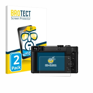 Face avant d’un emballage produit avec le logo de la marque BROTECT. À côté, l’appareil Panasonic Lumix DMC-TZ80 est représent