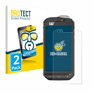 Face avant d’un emballage produit avec le logo de la marque BROTECT. À côté, l’appareil Caterpillar Cat S60 est représenté ave