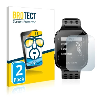Face avant d’un emballage produit avec le logo de la marque BROTECT. À côté, l’appareil Garmin Approach S20 est représenté ave