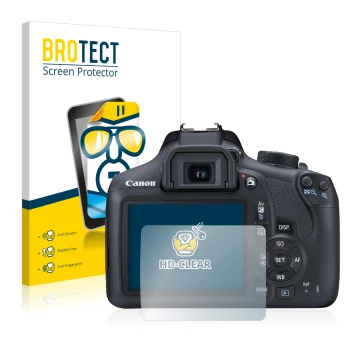 Face avant d’un emballage produit avec le logo de la marque BROTECT. À côté, l’appareil Canon EOS 1300D est représenté avec la