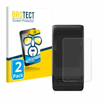 Face avant d’un emballage produit avec le logo de la marque BROTECT. À côté, l’appareil Garmin vivoactive HR est représenté av