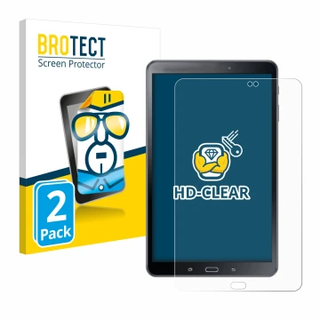 Face avant d’un emballage produit avec le logo de la marque BROTECT. À côté, l’appareil Samsung Galaxy Tab A 10.1 2016 SM-T585