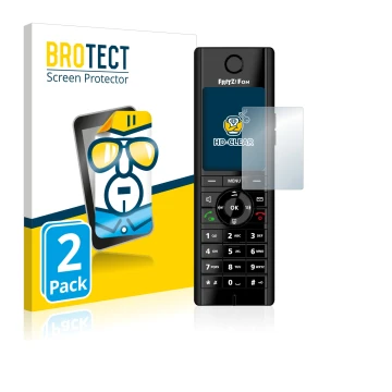 Face avant d’un emballage produit avec le logo de la marque BROTECT. À côté, l’appareil AVM Fritz!Fon C5 est représenté avec l