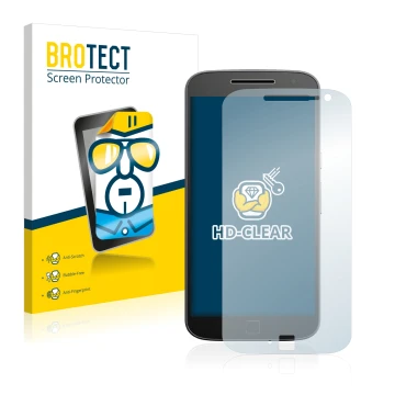 Face avant d’un emballage produit avec le logo de la marque BROTECT. À côté, l’appareil Motorola Moto G4 Plus est représenté a