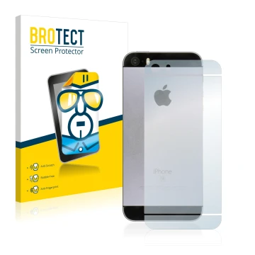 Face avant d’un emballage produit avec le logo de la marque BROTECT. À côté, l’appareil Apple iPhone SE 2016 Le dos (tutt la s