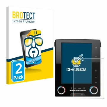 Face avant d’un emballage produit avec le logo de la marque BROTECT. À côté, l’appareil Renault Megane GT R-Link 2 8.7