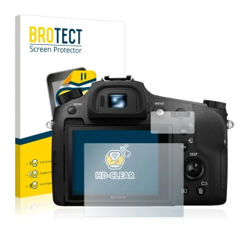 Face avant d’un emballage produit avec le logo de la marque BROTECT. À côté, l’appareil Sony Cyber-Shot DSC-RX10 III est repré