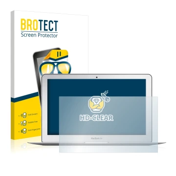 Face avant d’un emballage produit avec le logo de la marque BROTECT. À côté, l’appareil Apple MacBook Air 11