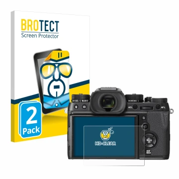 Face avant d’un emballage produit avec le logo de la marque BROTECT. À côté, l’appareil Fujifilm X-T2 est représenté avec la p